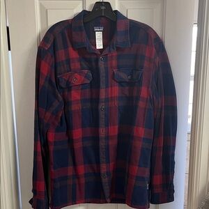 Patagonia large cotton red and navy flannel. No tears or stains